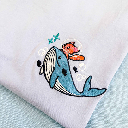 Whimsical Whale & Cat Embroidery Tee *PRE ORDER*