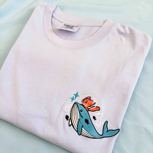 Whimsical Whale & Cat Embroidery Tee *PRE ORDER*